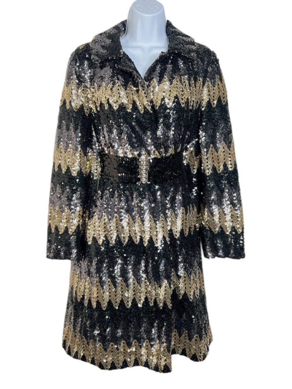 Vintage 1970s Sequin Coat Travelcoats by Naman Gold Black Silver Belted  XS/Sm